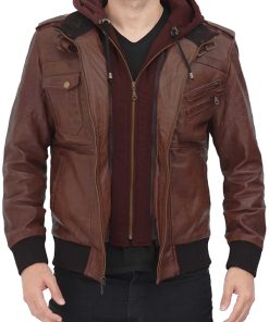 Men's Bomber Brown Hooded Leather Jacket
