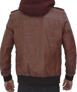 Men's Bomber Brown Hooded Leather Jacket Easter Sale
