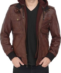 Men's Bomber Brown Hooded Leather Jacket Free Shipping Worldwide