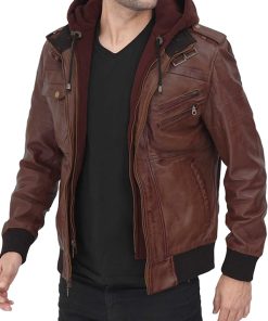 Men's Bomber Brown Hooded Leather Jacket Hot Sale