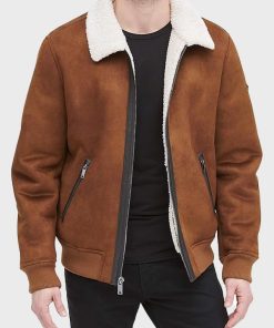 Mens Brown Suede Leather Shearling Jacket New Year Sale