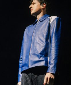 Men's Classic Charlie Puth Blue Leather Jacket Black Friday Sale
