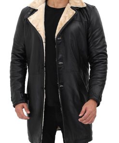 Mens Vintage Black Leather Winter Shearling Coat Christmas Sale