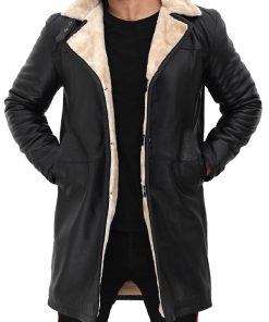 Mens Vintage Black Leather Winter Shearling Coat New Year Sale