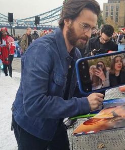 Chris Evans Red One Premiere Blue Leather Suede Jacket Celebrity Outfits