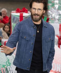 Chris Evans Red One Premiere Blue Leather Suede Jacket Free Shipping USA Canada Australia