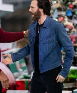 Chris Evans Red One Premiere Blue Leather Suede Jacket New Year Sale