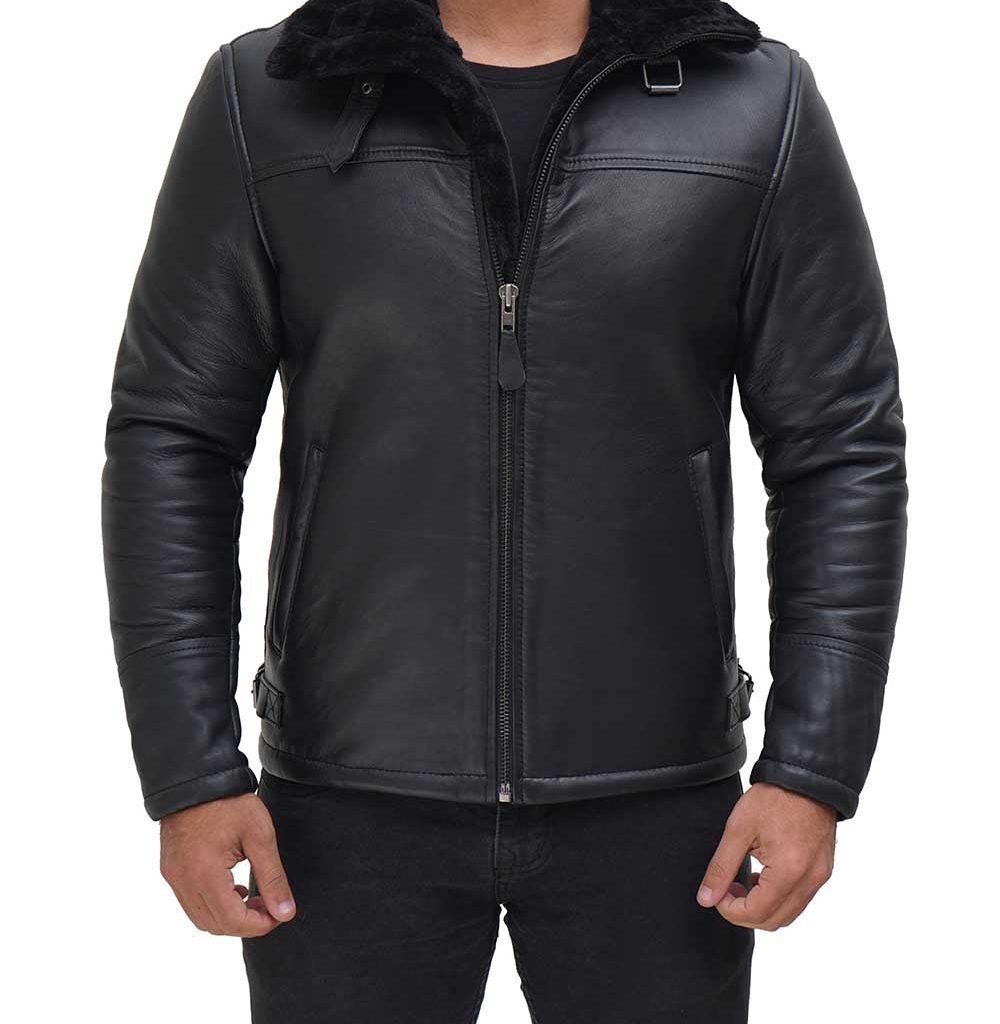 Merchect Leather Men's B3 Bomber Black Fur Leather Jacket - The Jacket Merchant