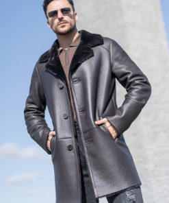 Mens Vintage Leather Winter Black Fur Coat