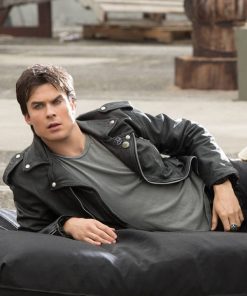 The Vampire Diaries Damon Salvatore Leather Biker Jacket