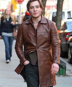 Ed Westwick Brown Leather Trench Coat