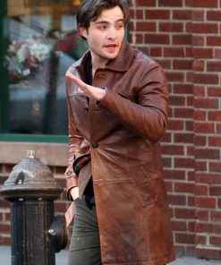 Ed Westwick Brown Leather Trench Coat Free Shipping UK USA Canada