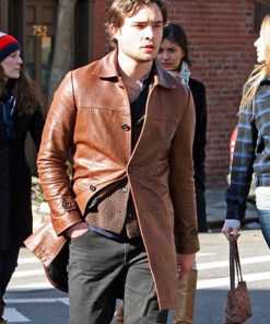 Ed Westwick Brown Leather Trench Coat Shop now