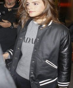 Emma Watson Varsity Black Leather Jacket Celebrity Outfits