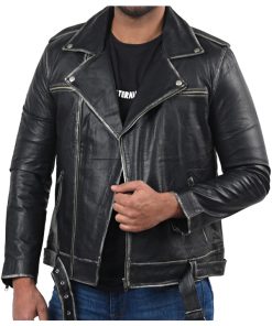 Mens Distressed Black Biker Leather Jacket