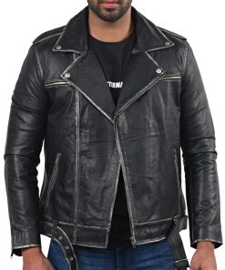 Mens Distressed Black Biker Leather Jacket Sale