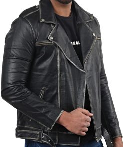 Mens Distressed Black Biker Leather Jacket on Sale