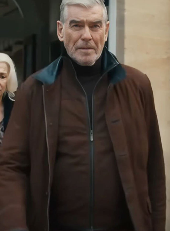 MobLand Pierce Brosnan Brown Suede Leather Jacket Shop now