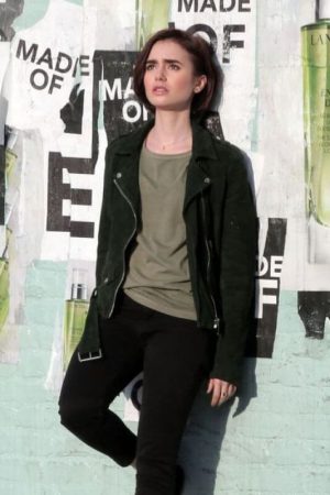 Lily Collins Green Biker Jacket
