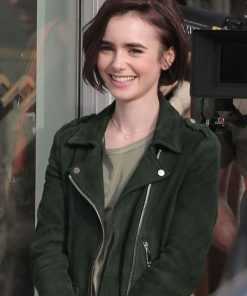 Lily Collins Green Biker Jacket