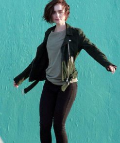 Lily Collins Green Biker Jacket
